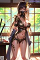 A woman in a bikini with a mask on and a sword in her hand.