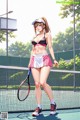 A woman standing on a tennis court holding a racket.