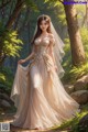 A woman in a wedding dress standing in the woods.