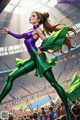 A woman in a green and purple outfit is dancing in front of a crowd.