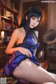 A woman in a blue lingerie sitting on a table.